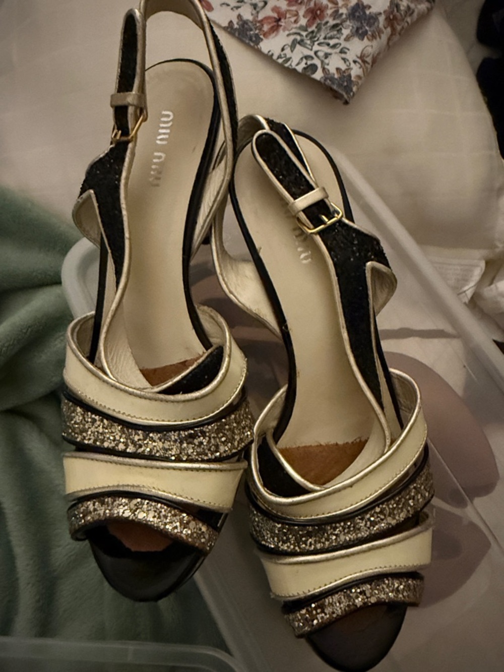 Miu Miu Black and Gold Glitter Peep-Toe Slingback Heels